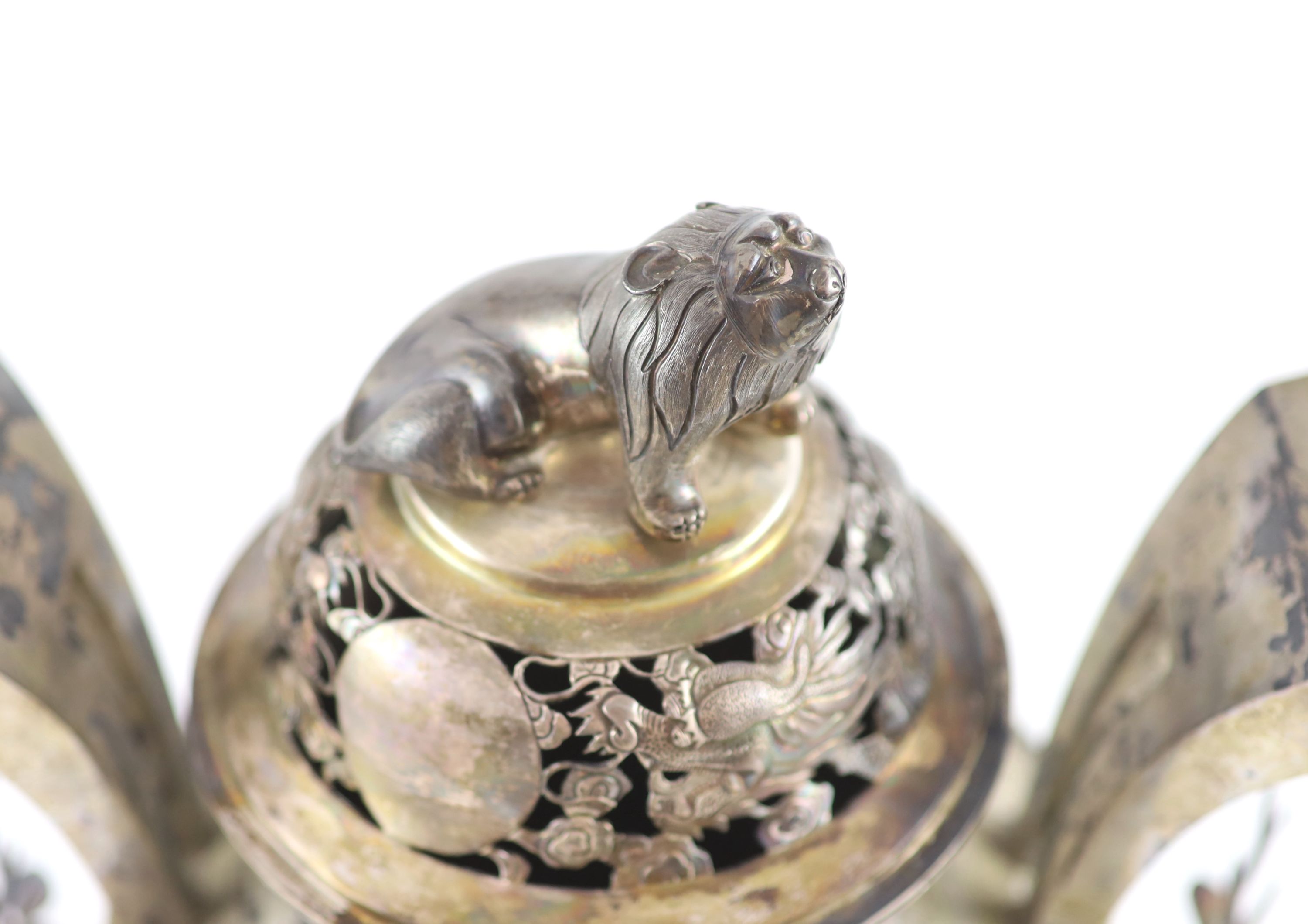 An early 20th century Chinese Export silver two handled koro and cover
